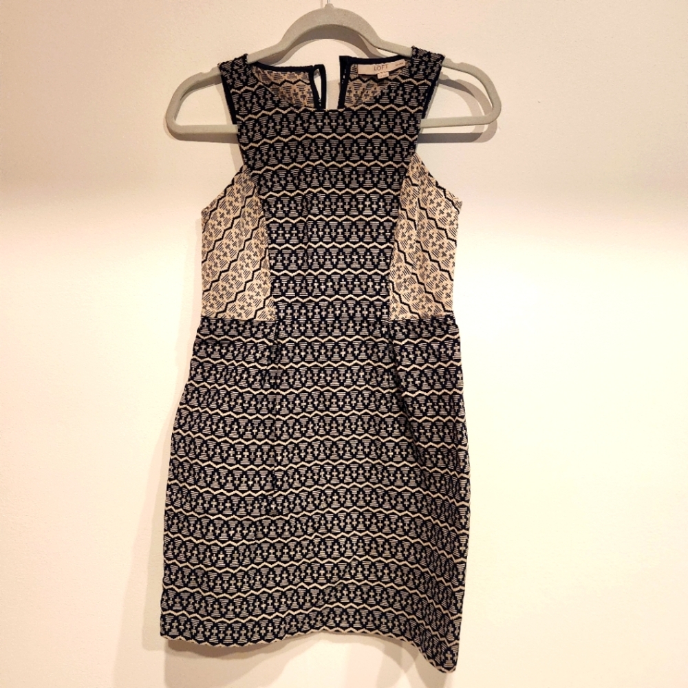 LOFT Navy and Cream Geometric Mini Dress